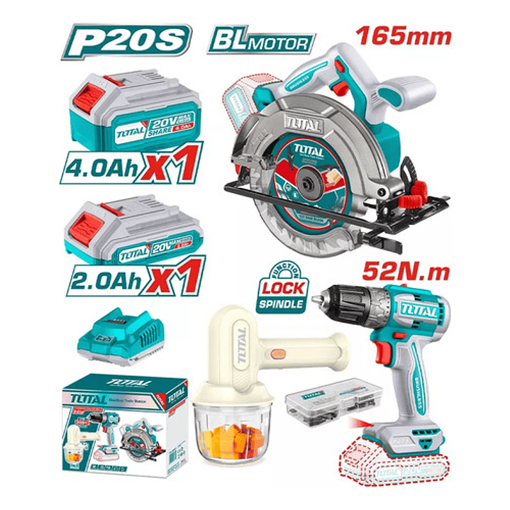 Sierra Circ 165mm 20v + Taladro 10mm + Batid. Mano 25w Total 2