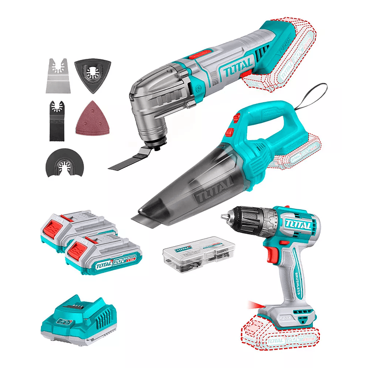 Multiherramienta 20v + Taladro Inál 10mm + Aspiradora Total