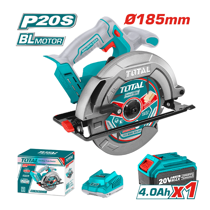 Sierra Circular 185mm Brushless 20v + Batería 4ah + Cargador + 2 Accesorios TOTAL 2