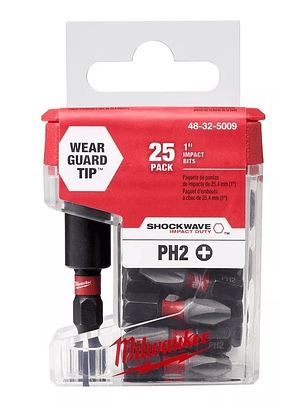 Set De 25 Puntas + Adaptador De Impacto Milwaukee Ph2 X 25mm