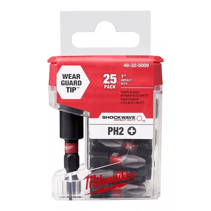 Set De 25 Puntas + Adaptador De Impacto Milwaukee Ph2 X 25mm 1
