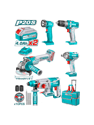 Taladro + Llave de Impacto + Esmeril + Rotomartillo + Lámpara + 2 Baterías 4ah + Cargador TOTAL