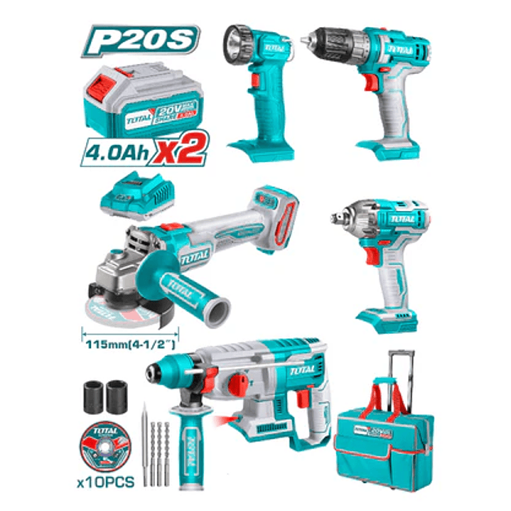 Taladro + Llave de Impacto + Esmeril + Rotomartillo + Lámpara + 2 Baterías 4ah + Cargador TOTAL 2