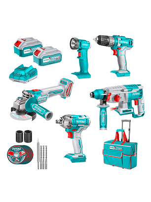 Taladro + Llave de Impacto + Esmeril + Rotomartillo + Lámpara + 2 Baterías 4ah + Cargador TOTAL