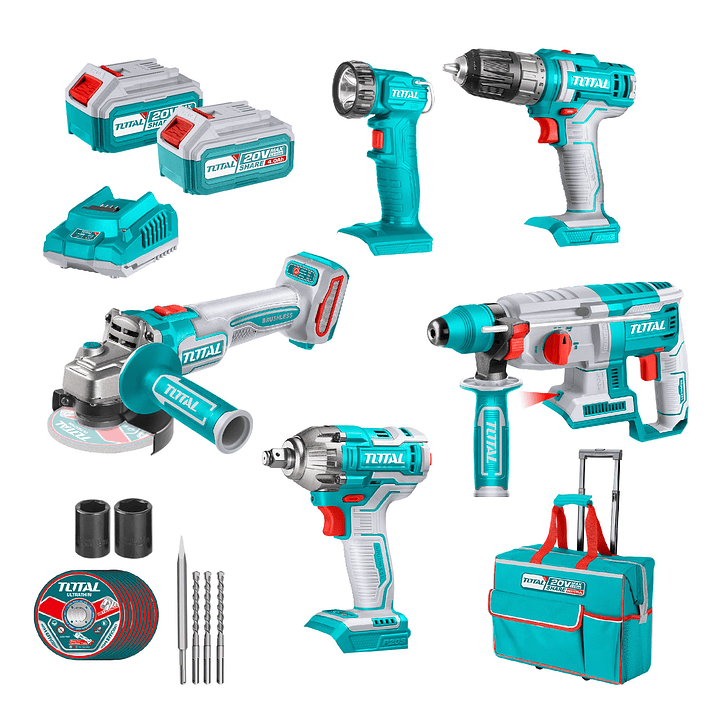 Taladro + Llave de Impacto + Esmeril + Rotomartillo + Lámpara + 2 Baterías 4ah + Cargador TOTAL 1