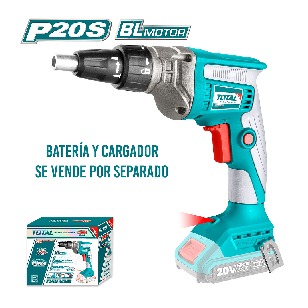 Atornillador Yesero Industrial Brushless 1/4” Hex 20v + Punta TOTAL 2