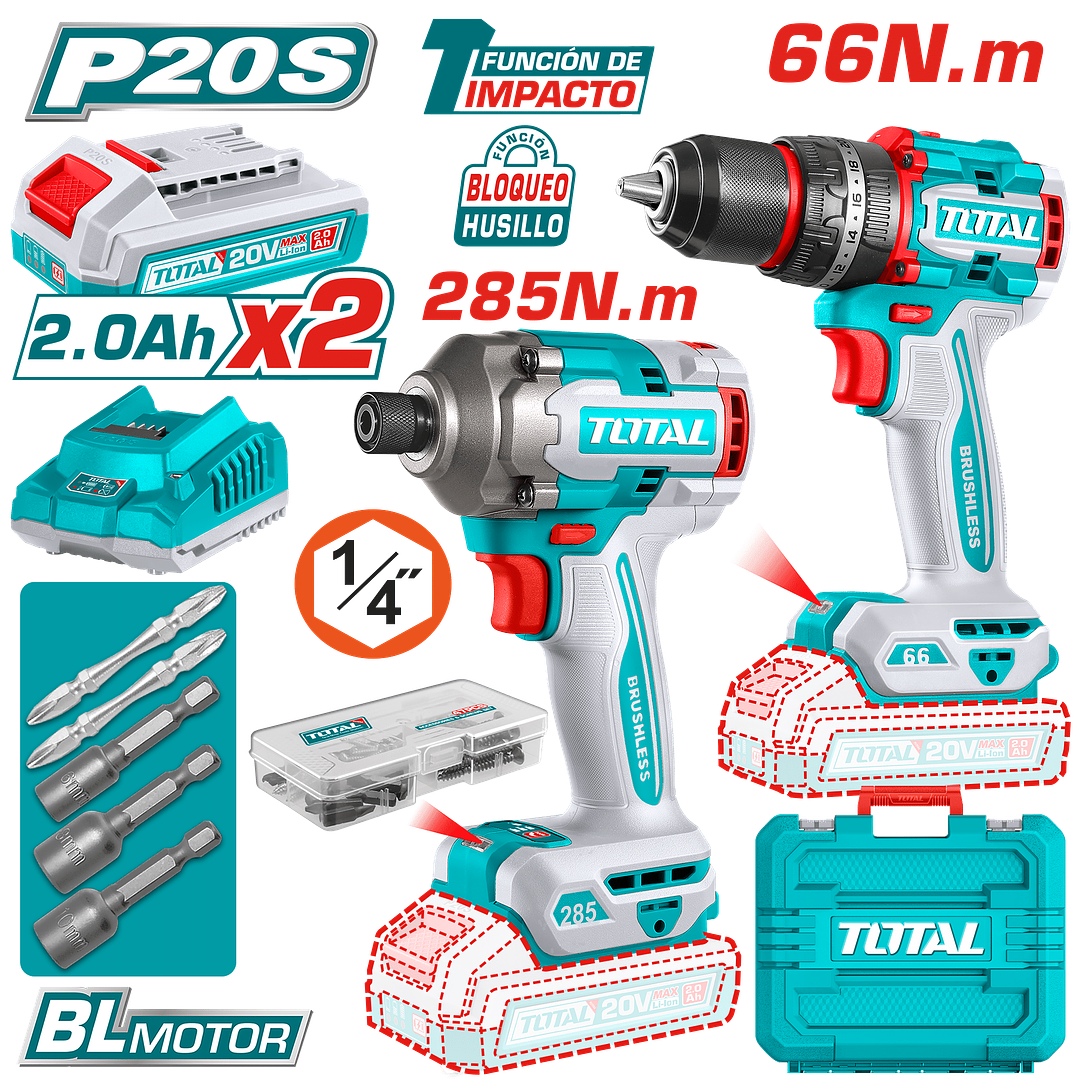 COMBO TALADRO PERCUTOR 66 N.M + ATORNILLADOR IMPACTO 285N.M 20V + ACC 2X2.0AH MALETIN INDUSTRIAL 1
