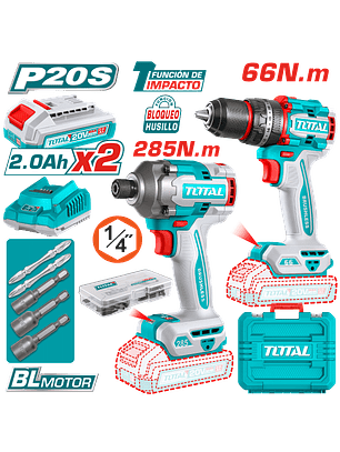 COMBO TALADRO PERCUTOR 66 N.M + ATORNILLADOR IMPACTO 285N.M 20V + ACC 2X2.0AH MALETIN INDUSTRIAL