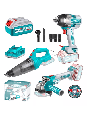 Kit Llave de Impacto de 850nm + Aspiradora + Esmeril Inalambrico + 2 baterias 5.0AH TOSLI240789 Total