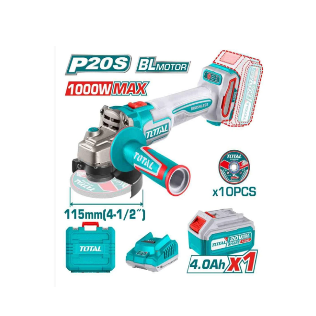 Esmeril Angular Inalambrico 20v con Batería 4ah + 10 Discos TAGLI271531 TOTAL 1