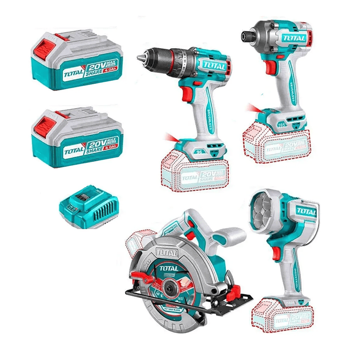Taladro+ Atornillador+ Sierra Circular+ Lampara 20v Total TOSLI241297 1