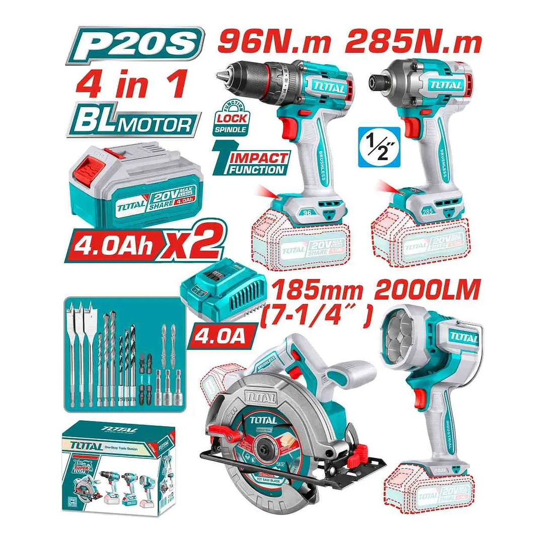 Taladro+ Atornillador+ Sierra Circular+ Lampara 20v Total TOSLI241297 2