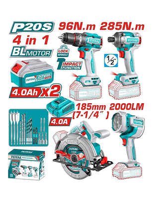 Taladro+ Atornillador+ Sierra Circular+ Lampara 20v Total TOSLI241297