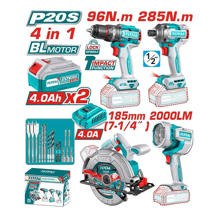 Taladro+ Atornillador+ Sierra Circular+ Lampara 20v Total TOSLI241297 2