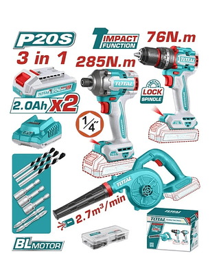 TOTAL COMBO 3PCS TOSLI250182 TALADRO +ATORNILLADOR+SOPLADOR