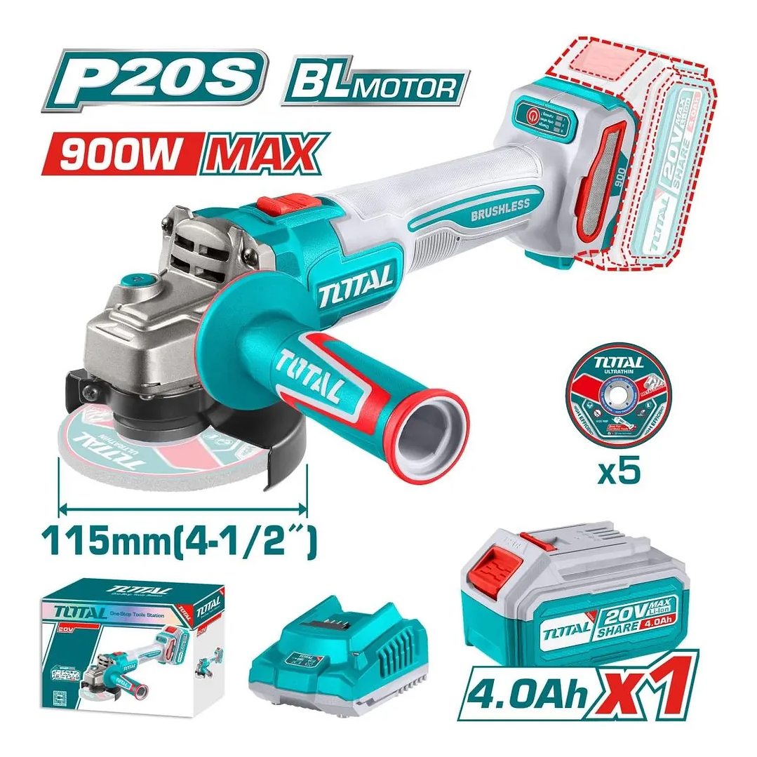 Esmeril Angular Total 20v Inalámbrico 4.0ah Carg + 5 Discos TAGLI261521 2