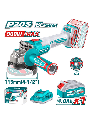 Esmeril Angular Total 20v Inalámbrico 4.0ah Carg + 5 Discos TAGLI261521