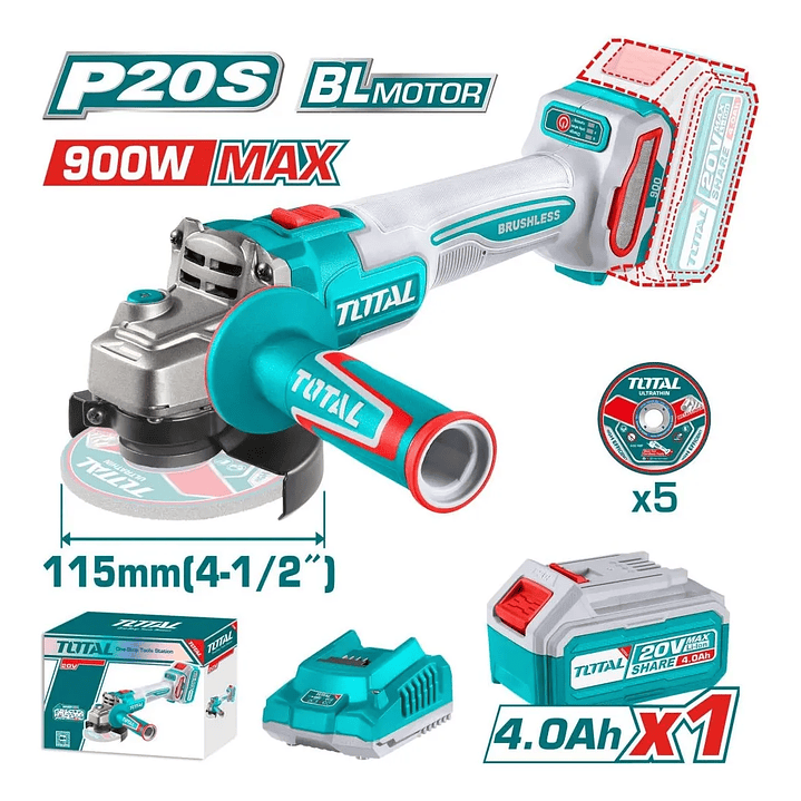 Esmeril Angular Total 20v Inalámbrico 4.0ah Carg + 5 Discos TAGLI261521 2