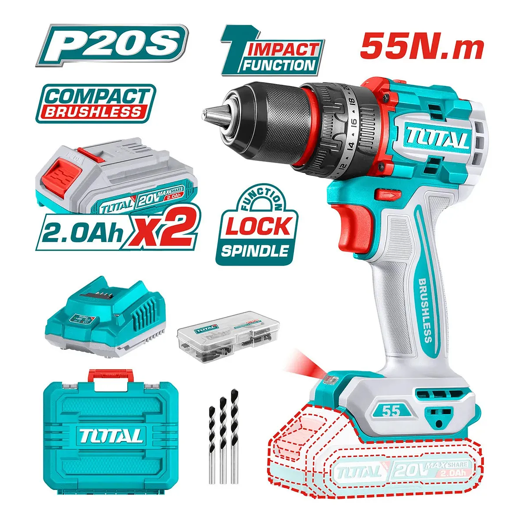 Taladro Percutor Y Atornillador 55nm 1/2 Bateria 20v Total TIDLI20558-7 2
