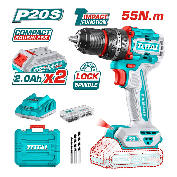 Taladro Percutor Y Atornillador 55nm 1/2 Bateria 20v Total TIDLI20558-7 2