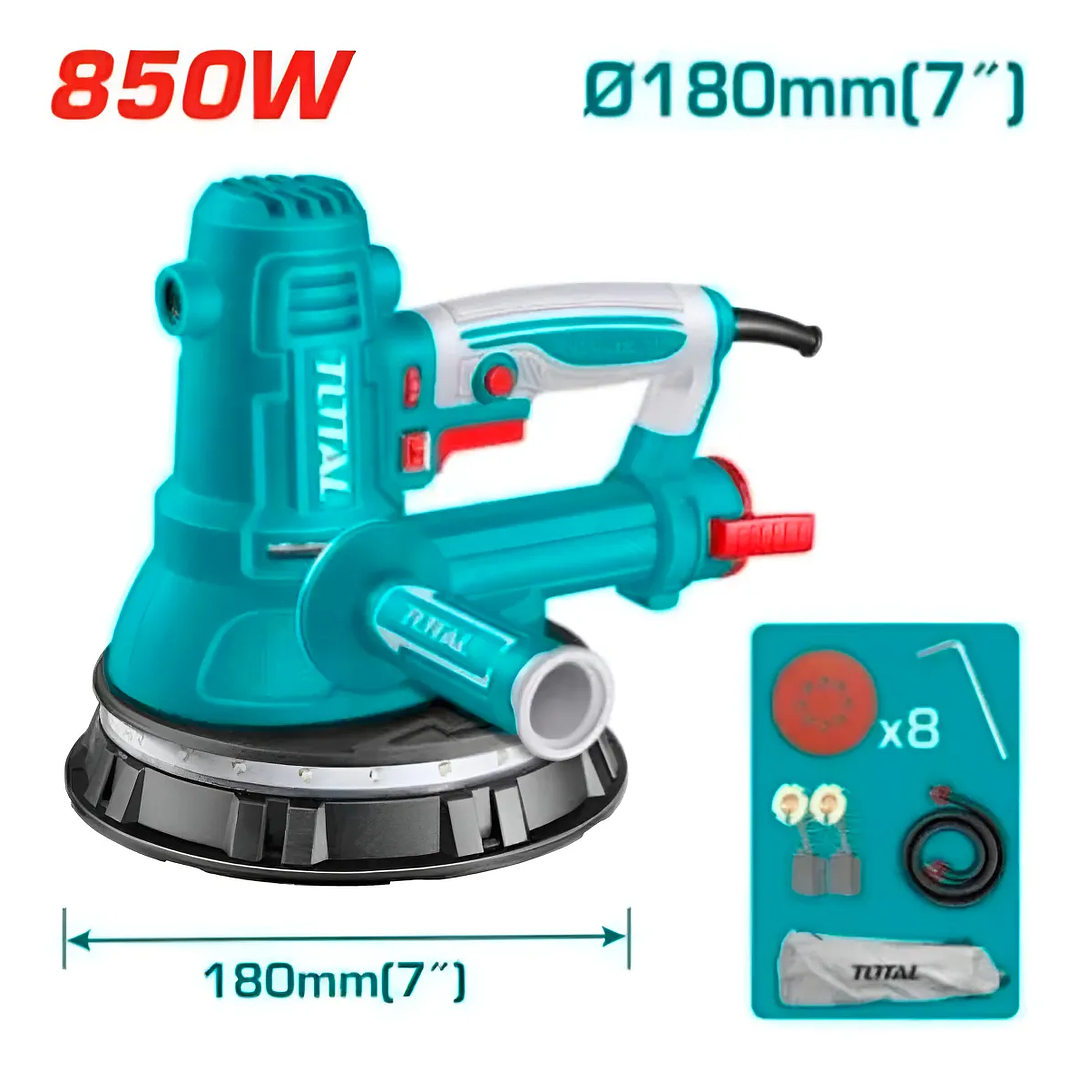 Lijadora De Yeso Total 850w Industrial, Diámetro 180mm, Luz Led 360º, Velocidad Variable, 6 Niveles - Incluye 8 Lijas, Bolsa Recolectora De Polvo Y Bolso De Transporte - Tdws10508 1