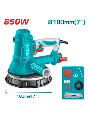 Lijadora De Yeso Total 850w Industrial, Diámetro 180mm, Luz Led 360º, Velocidad Variable, 6 Niveles - Incluye 8 Lijas, Bolsa Recolectora De Polvo Y Bolso De Transporte - Tdws10508