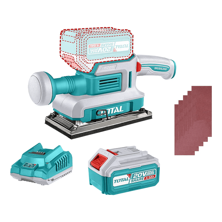 Lijadora Orbital Inalámbrica Total 20v Industrial - Motor Brushless, Base 180x90mm - Con 1 Batería 4.0ah Litio-ion, Cargador Y 5 Lijas - Tfsli20311 1