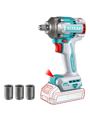 Llave, Pistola De Impacto Inalámbrica Total 20v Industrial - Motor Brushless, Sin Carbones, Encastre 1/2'', Torque 405nm - Con 3 Dados - No Incluye Batería Ni Cargador - Tiwli20451 