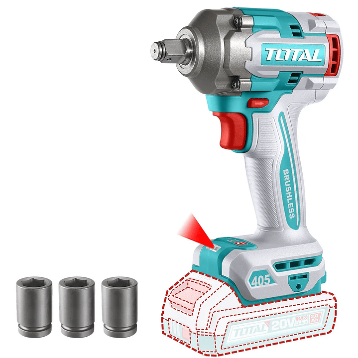 Llave, Pistola De Impacto Inalámbrica Total 20v Industrial - Motor Brushless, Sin Carbones, Encastre 1/2'', Torque 405nm - Con 3 Dados - No Incluye Batería Ni Cargador - Tiwli20451  1
