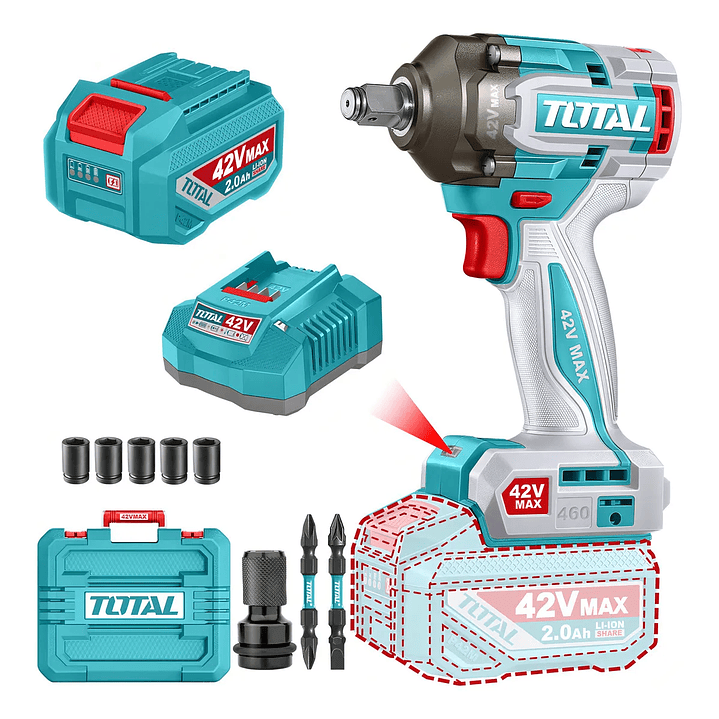 Llave, Pistola De Impacto Inalámbrica Total 42v Industrial - Motor Sin Carbones, Encastre 1/2'', Torque 460nm - Con Batería 2.0ah Litio-ion, Cargador, Dados Y Maletín - Tiwli42461 Turquesa 1