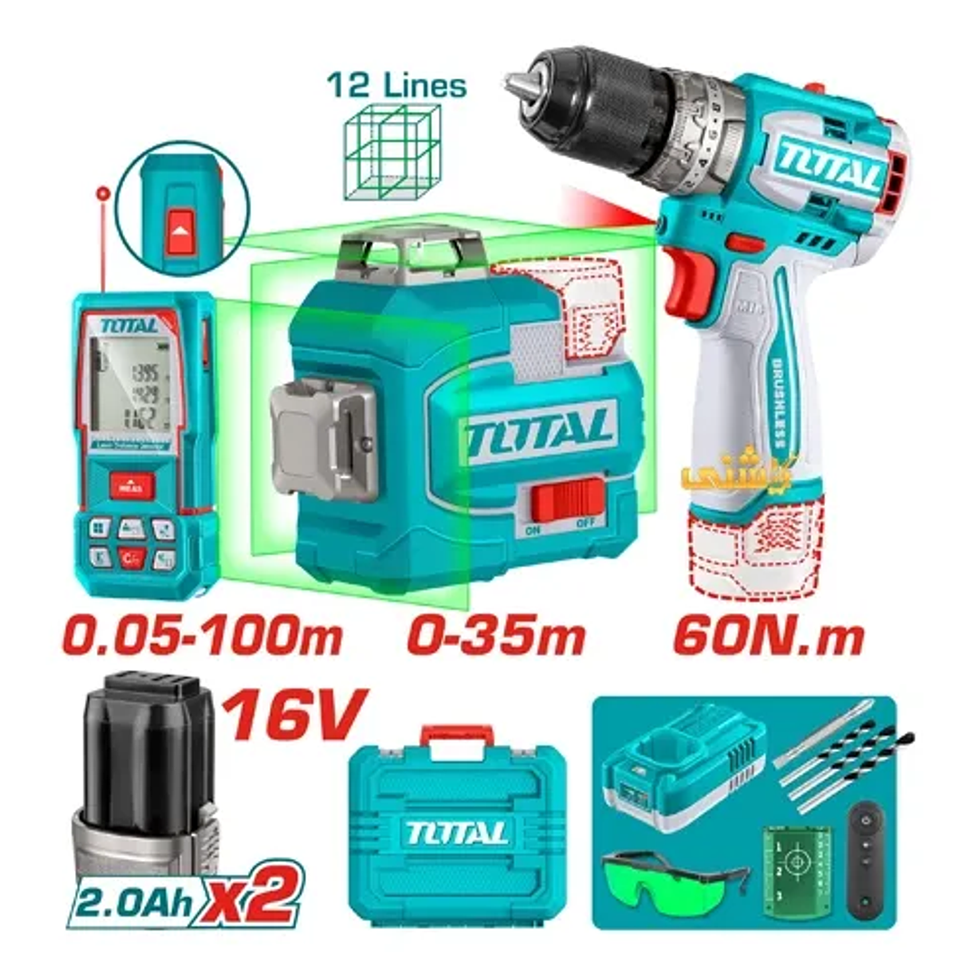 Combo Taladro + Nivel Láser 16v + Medidor Distancia Total TOSLI250101 2