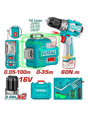 Combo Taladro + Nivel Láser 16v + Medidor Distancia Total TOSLI250101