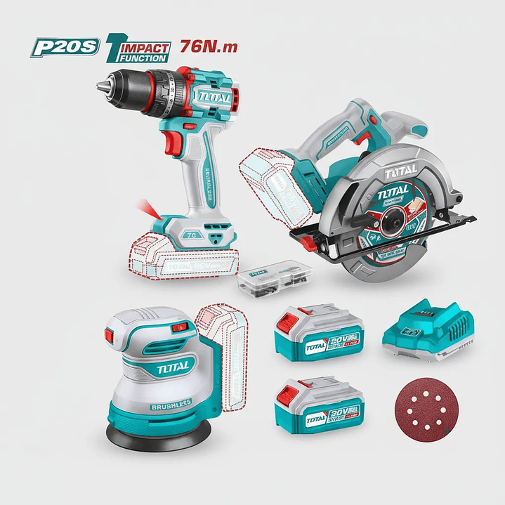 Combo Total Sierra circular +lijadora + taladro percutor 3pcs Tosli250181 1
