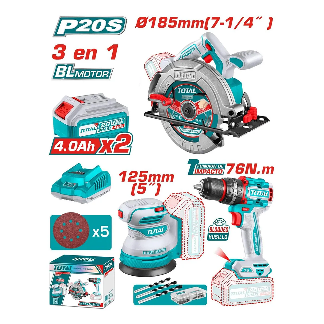 Combo Total Sierra circular +lijadora + taladro percutor 3pcs Tosli250181 2