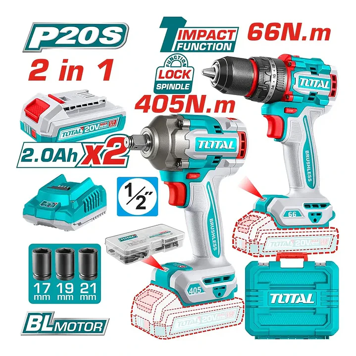 Kit Taladro Percutor 66nm + Llave Impacto 405nm 20v + Total 1