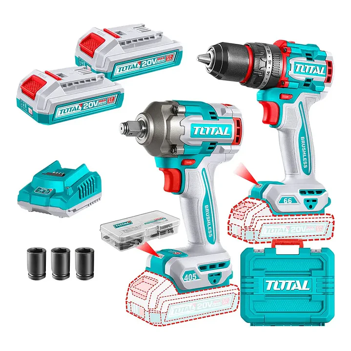 Kit Taladro Percutor 66nm + Llave Impacto 405nm 20v + Total 2