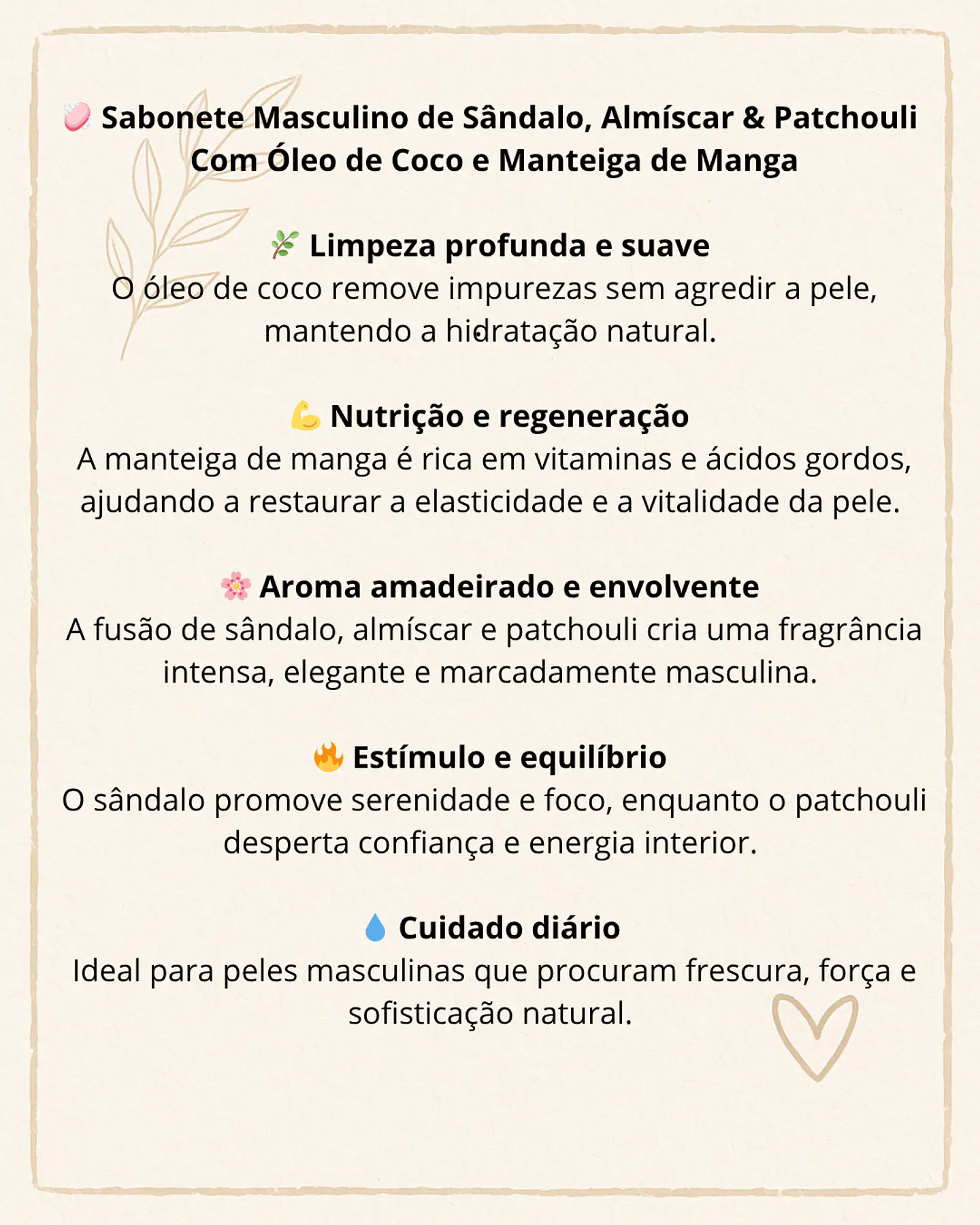 Sabonete Masculino de Sândalo, Almíscar & Patchouli Com Óleo de Coco e Manteiga de Manga 3