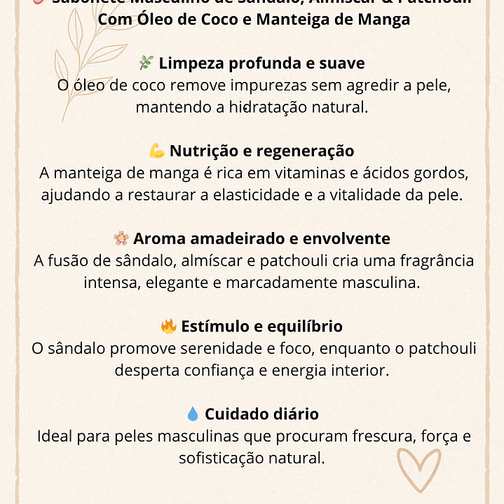 Sabonete Masculino de Sândalo, Almíscar & Patchouli Com Óleo de Coco e Manteiga de Manga 3