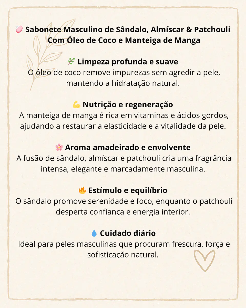Sabonete Masculino de Sândalo, Almíscar & Patchouli Com Óleo de Coco e Manteiga de Manga 3