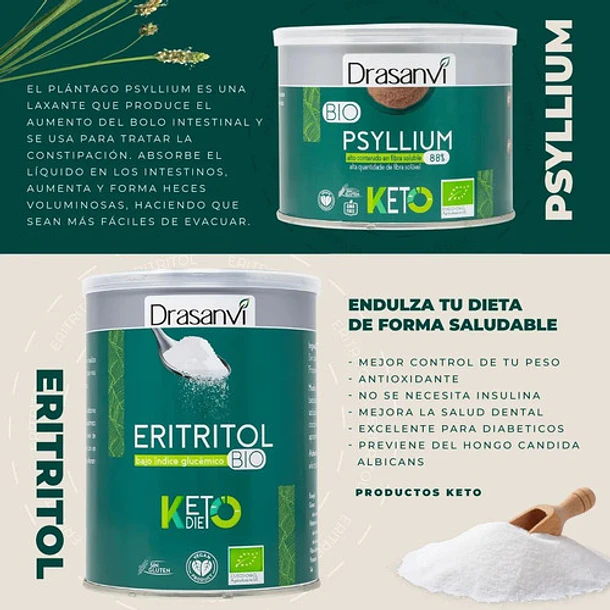 Dransanvi - Pack Keto Eritritol 500 Gr + Psyllium 200 Gr 3