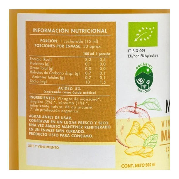 Manare - Vinagre De Manzana Cúrcuma Y Jengibre 500 Ml 2
