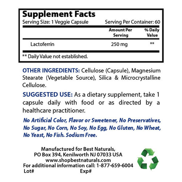 Best Naturals - Lactoferrina 250 Mg 60 Cápsula 4