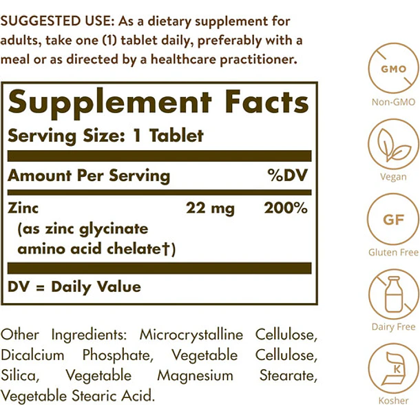 Solgar - Zinc Quelado 22mg  250 Tabletas 2