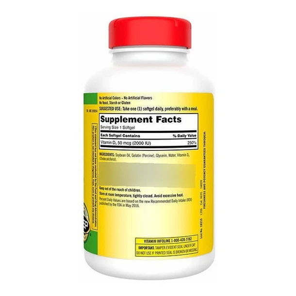 Kirkland -vitamina D3 2.000 Ui 600 Softgels (sistema Inmune) 2