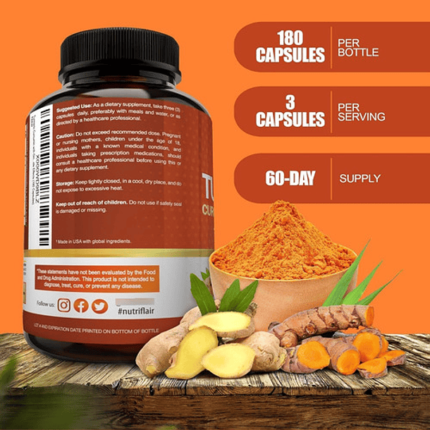 Turmeric Curcumin Ginger 2250mg (180 Cápsulas) Sin Sabor 4