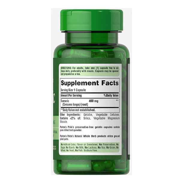 Turmeric 400mg 100 Cápsulas Puritan's Pride / Yoursups Sin Sabor 2