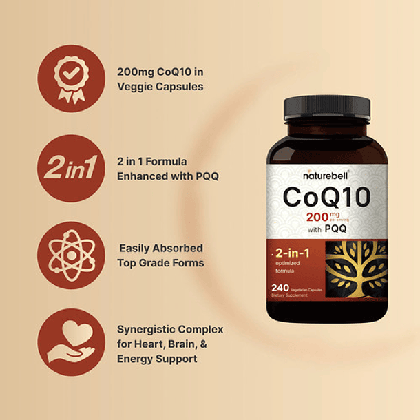 Suplemento Naturebell Coq10 Ubiquinona De 200 Mg Con Pqq 240 Sin Sabor 3