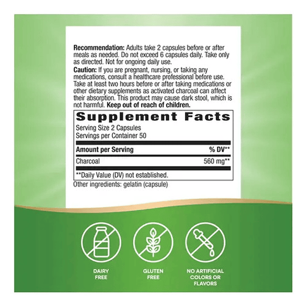 Natures Way - Carbón Activo 560mg 100 Capsulas N/a 2
