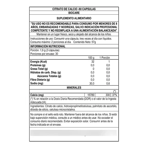 Biocare  - Citrato De Calcio 90 Cápsulas N/a 2