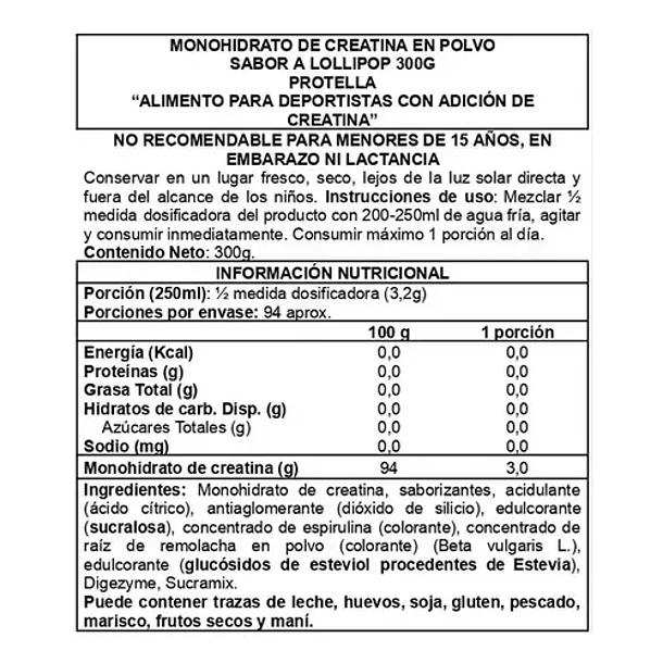 Creatina Monohidratada Protella Sabor Lollipop 300g Creapure 2